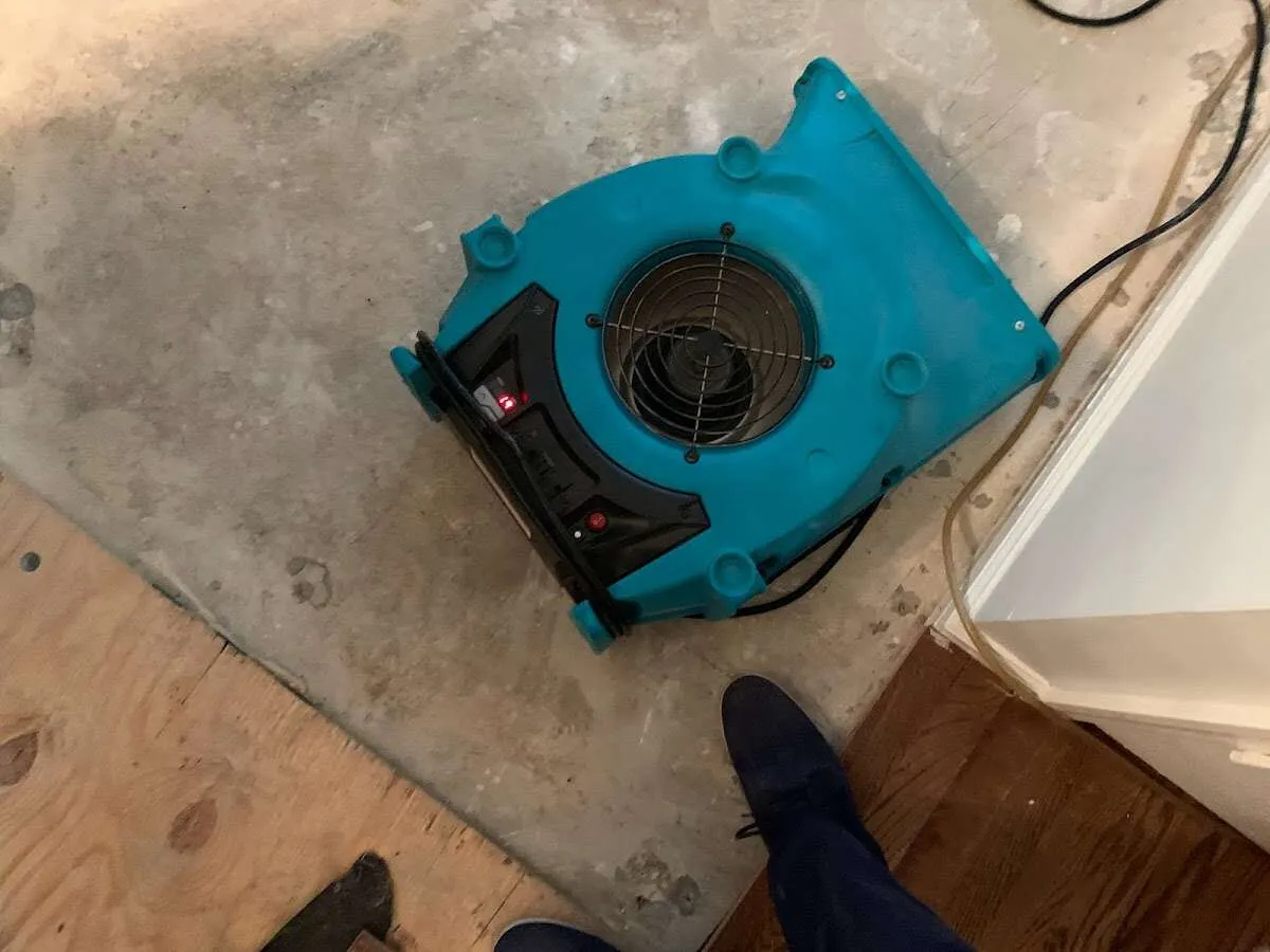 Air mover drying subfloor during Commercial Water Damage Restoration in East Grand Rapids